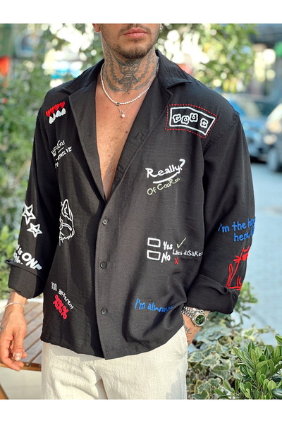 manch collection oversized Λινό πουκάμισο με γραπτό κέντημα μαύρο