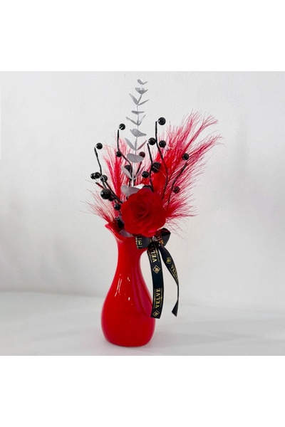 velve Wave vase with floral arrangement, wooden begonia, handmade flowers and plants, Red, 36 cm