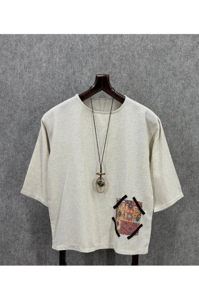 FıttingRoom Oversize Bohemian Fakir Sleeve Beige Cotton Tshirt