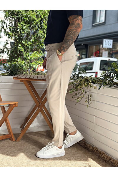 manch collection Çift Kemer Detaylı Yüksek Bel Kumaş Pantolon Krem