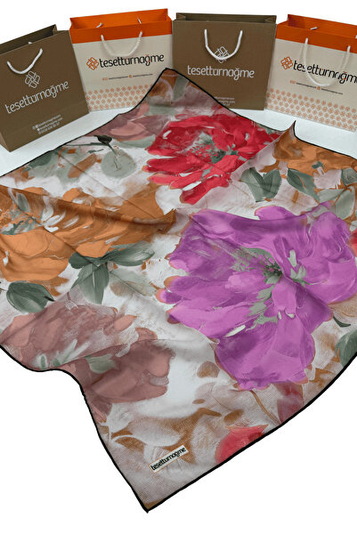 Tesettürnağme وشاح قطني ناعم TN2000 بنمط زهور وردي-كركمي-10