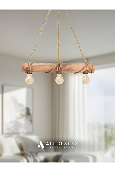 Alldesco Corda Rustik Çiftlik Tarzı 3'lü Avize – Halat Sargılı Ahşap Gövde, Zincir Askılı