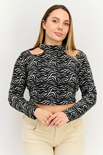 Sinsay Women Mock Neck Animal Print Long Sleeves Cut Out Crop Top, Multicolor