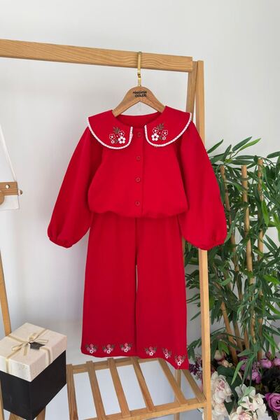 Minigimin Cicileri Set cămașă lungă pentru fetiță cu broderie pe guler - roșu