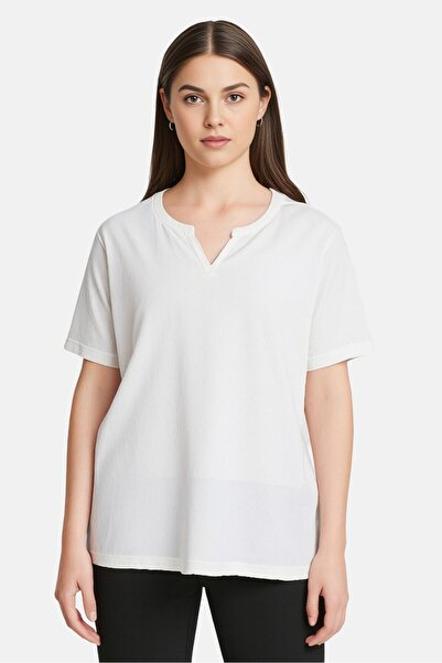 Eddie Bauer تي شيرت نسائي سادة بأكمام قصيرة ورقبة منقسمة، أبيض