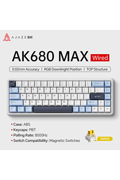 Ajazz لوحة مفاتيح ميكانيكية BLUE AK680 MAX بمفتاح مغناطيسي HE 60% 8k/1K RGB سلكية/لاسلكية مخصصة للألعاب