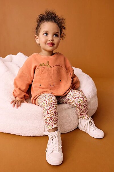 Minigimin Cicileri My Little One's Oversized Pumpkin Patterned Floral Leggings Girl's Set - Orange