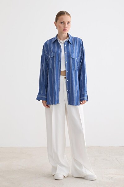 LEVURE Oversize Viscose Shirt with Buttons on the Front Dark Blue