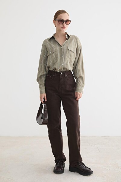 LEVURE Buttoned Front Oversize Viscose Shirt Khaki