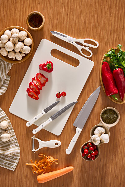 Karaca Sharp 6 Parça Kesme Tahtalı, Makaslı Bıçak Seti Krem
