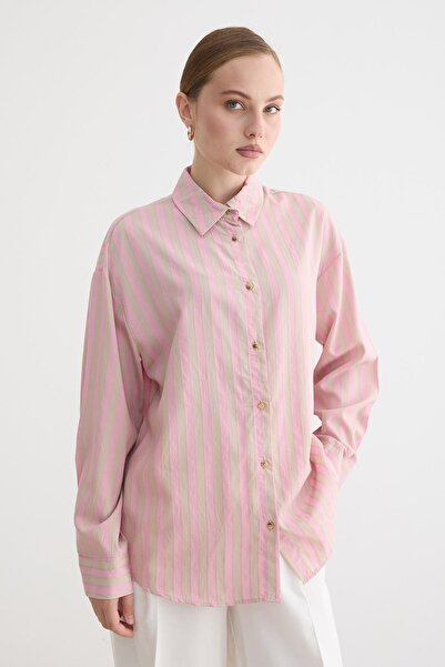 LEVURE Metalized Button Detailed Striped Shirt Pudra