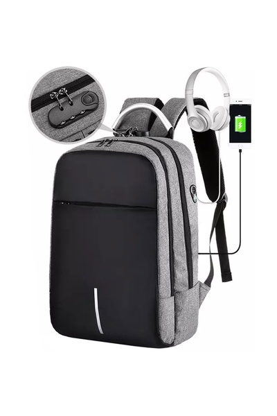 zola Airplane travel backpack, carry-on, laptop, waterproof, USB port, zipper, 42 x 28 x 15 cm, gray