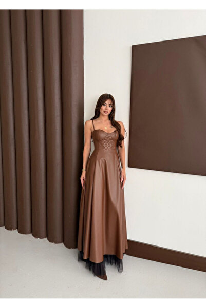 MAXMOOR LEROY Maxi Deri Elbise 9914 - Kahverengi