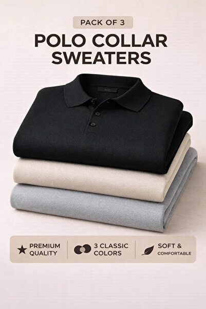 COMBİNE MİCHAİL Men's Winter Polo Collar 3-Piece Knit Sweater
