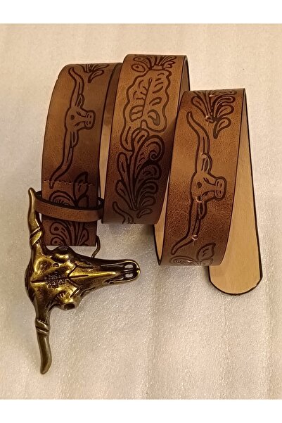 Butik Tülin Unisex Authentic Faux Leather Beige Printed Bronze Bull Skull Cow...