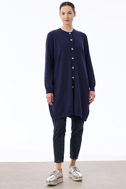 Tığ Triko Basic Cashmere Long Cardigan Dark Blue