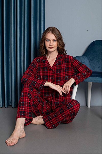 Tusebu Women's Red Plaid Buttoned Long Sleeve Pajama Set – Soft Flannel Comfortable Fit