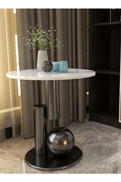 Genericc Side Table Wood Marble and Metal Black and White - 50x60 cm