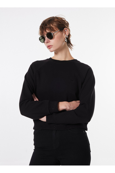 Mustang Bisiklet Yaka Nakışlı Siyah Kadın Sweatshırt M4WL-SWT-1926