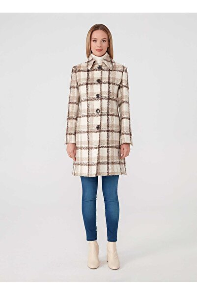 Selen Kahve Kadın Polo Standart Ekose Kaban 24KSL9409 Beden: 40