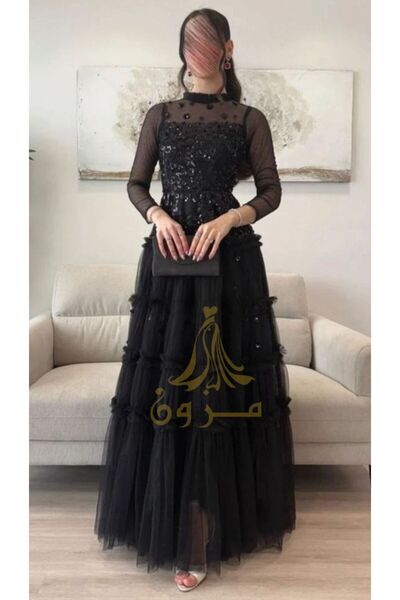 MEZON FASHION فستان سهرة فاخر بأكمام شفافة