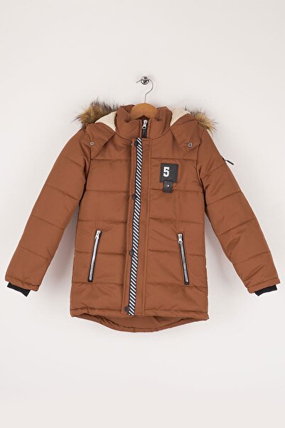 Mika Bebek & Çocuk Kalın Elyaf Dolgulu Su Rüzgar Ve Yağmur Geçirmez Kapüşonlu Kahverengi Erkek Çocuk Kışlık Lüks Mont