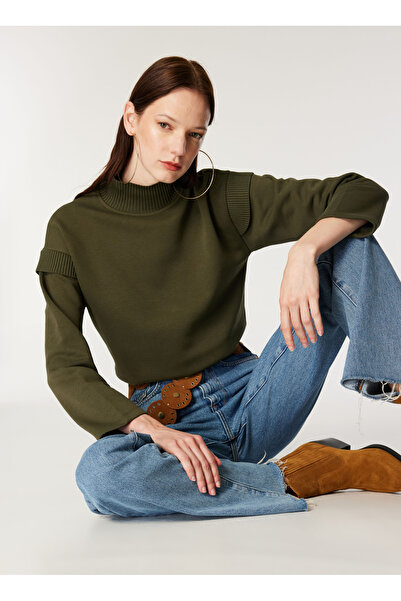 Mustang Dik Yaka Düz Haki Kadın Sweatshırt M4WL-SWT-1912