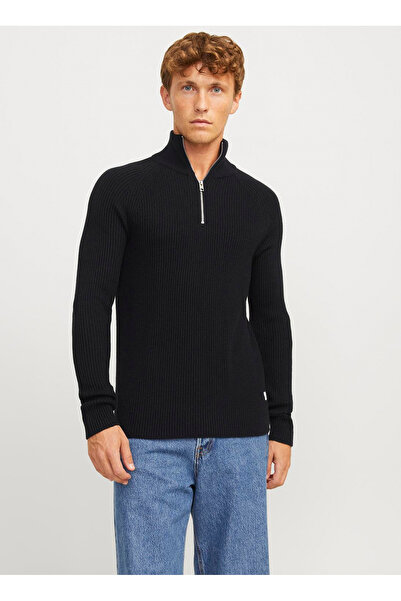 Jack & Jones Black Men's Sweater - Stand Collar, Regular Fit, Half Zip, Knit Material Aw2
