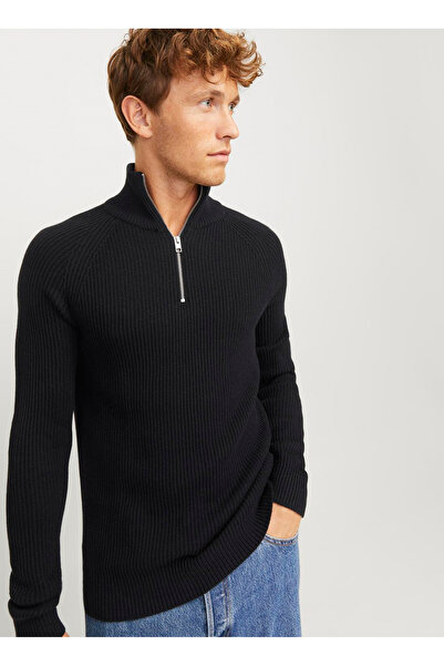 Jack & Jones Black Men's Sweater - Stand Collar, Regular Fit, Half Zip, Knit Material Aw2