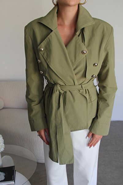 Julidress Зелений золотий ґудзик Детальний підкладковий пояс Дизайн Тренч-жакет