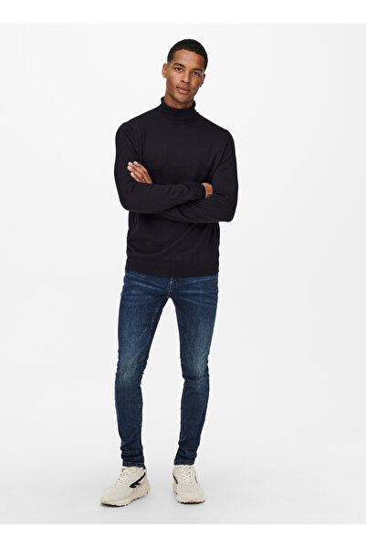 Only & Sons Pulover pentru bărbați cu guler vertical, obișnuit, simplu, negru ONSWYLER LIFE REG 14 ROLL KNIT NOOS