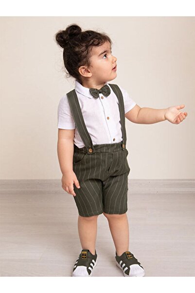 Mika Bebek & Çocuk Khaki Striped Fabric Baby Boy Summer Salopet with Bow Tie Eid Suit