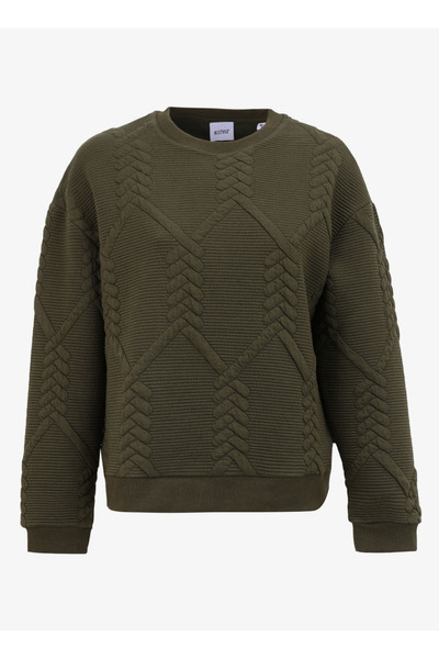 Mustang Bisiklet Yaka Örgü Desenli Haki Kadın Sweatshırt M4WL-SWT-1927