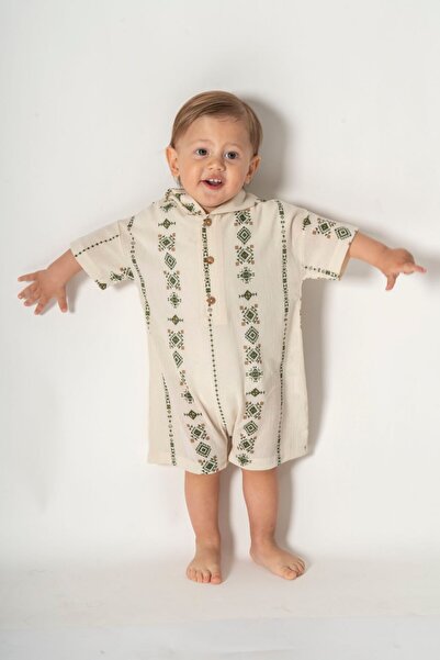 Minimus Boys and Girls Hooded Cotton Shiloh Cloth Summer Baby Romper – Short Sleeve with Wooden Buttons