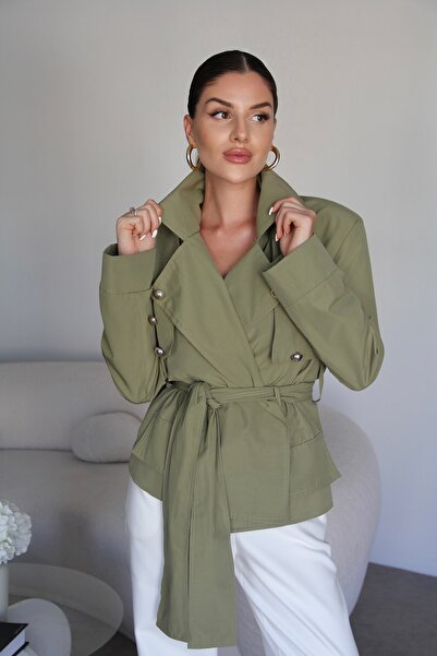 Julidress Зелений золотий ґудзик Детальний підкладковий пояс Дизайн Тренч-жакет