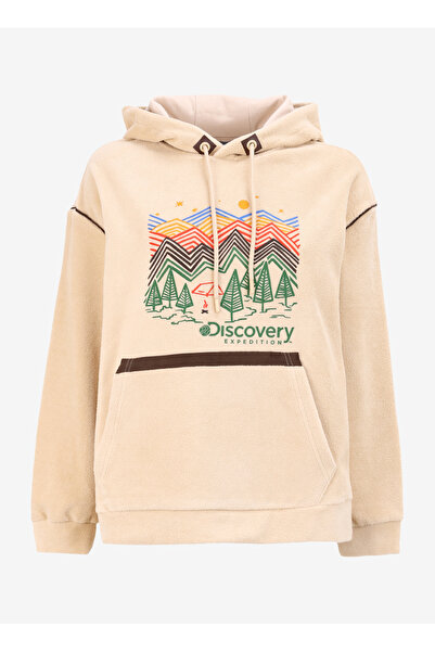 Discovery Expedition Bej Kadın Kapüşon Yaka Loose Fit Baskılı Sweatshirt D4WL...