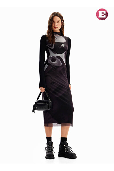 Desigual Yuvarlak Yaka Batik Siyah Uzun Kadın Elbise 24WWVK58