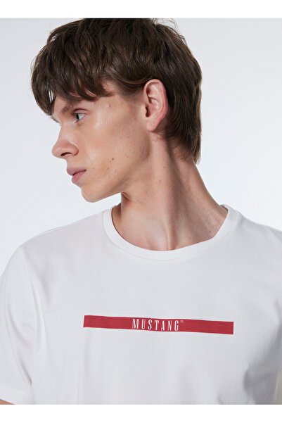 Mustang Bisiklet Yaka Baskılı Ekru Erkek T-Shirt M4WM-TST-1419