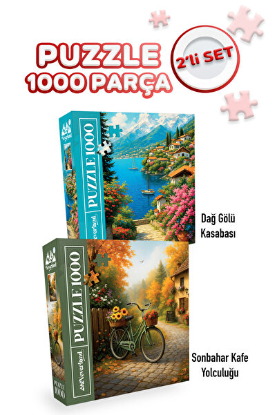 Neverland 2 ADET 1000 PARÇA PUZZLE - DAĞ GÖLÜ KASABASI VE SONBAHAR KAFE YOLCU...