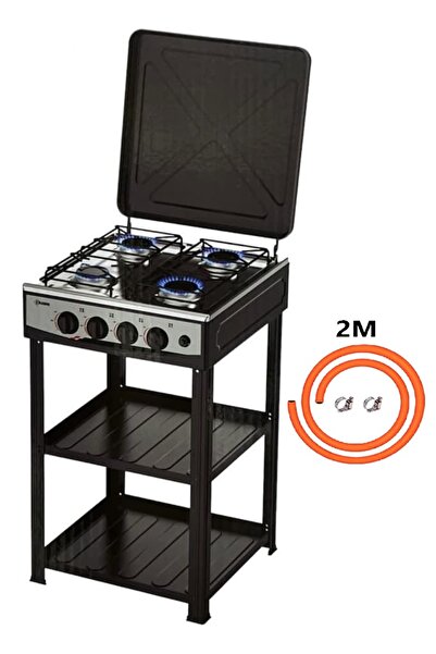 KRWAN موقد غاز بأربعة شعلات بأربع قوائم ورفين مع لي غاز 2 متر