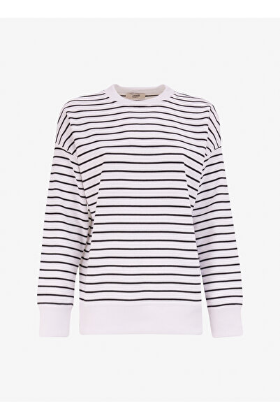 People By Fabrika Bisiklet Yaka Çizgili Beyaz - Siyah Kadın Sweatshırt PBF4WL...