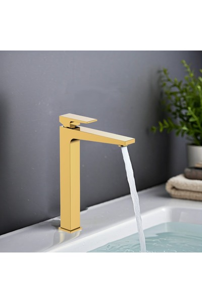 INFINITY Single Lever Basin Mixer, Ceramic Cartridge, Gold Finish, Pop-up Waste, Deck Mount, 205m