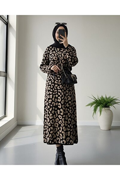 Modamorfo Round Neck Patterned Knitwear Dress -Black