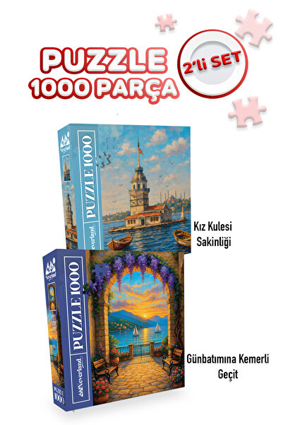 Neverland 2 ADET 1000 PARÇA PUZZLE - KIZ KULESİ SAKİNLİĞİ VE GÜNBATIMINA KEME...