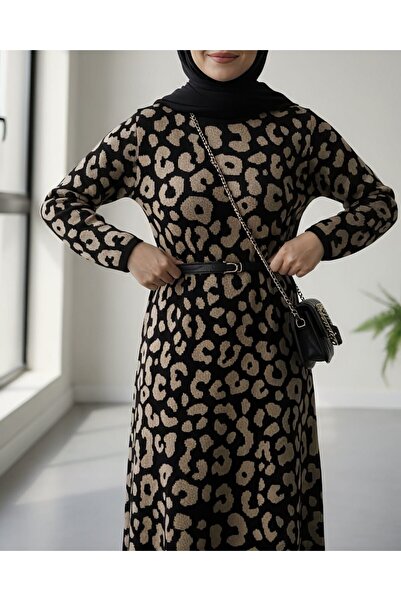 Modamorfo Round Neck Patterned Knitwear Dress -Black