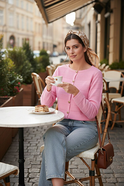 Lela Premium Regular Fit Crew Neck Buttoned Textured Knitwear Cardigan Cardig...