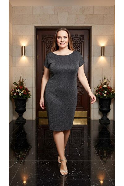 Nidya Moda Büyük Beden Kadın Antrasit Gri Gold Gül Baskı Vako Abiye Elbise-40...