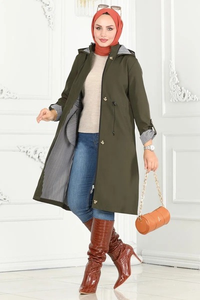 Ayşo Women's Khaki Windproof Waterproof Bondit Fabric Detachable Buttoned Hooded Trench Coat with Tunnel Waist