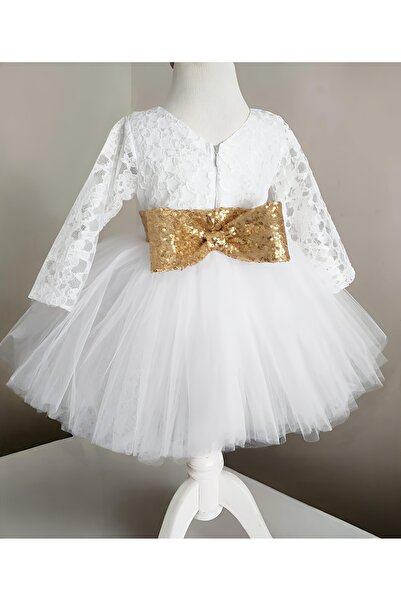 bright moon Girl's Guipure Tutu Dress with Gold Bow Belt Detail