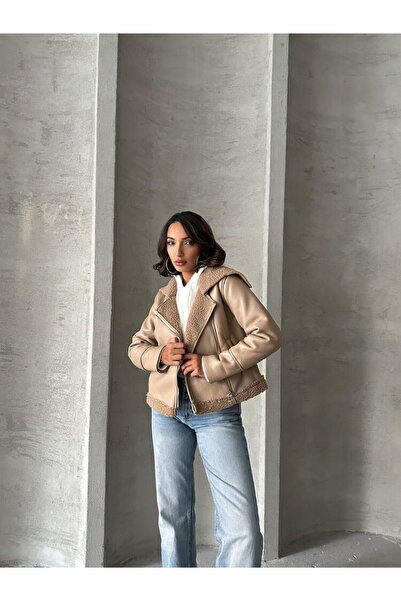 Caddebostan Moda Zippered Leather and Fur Dark Stone Women's Premium Luxury Trend Design Coat